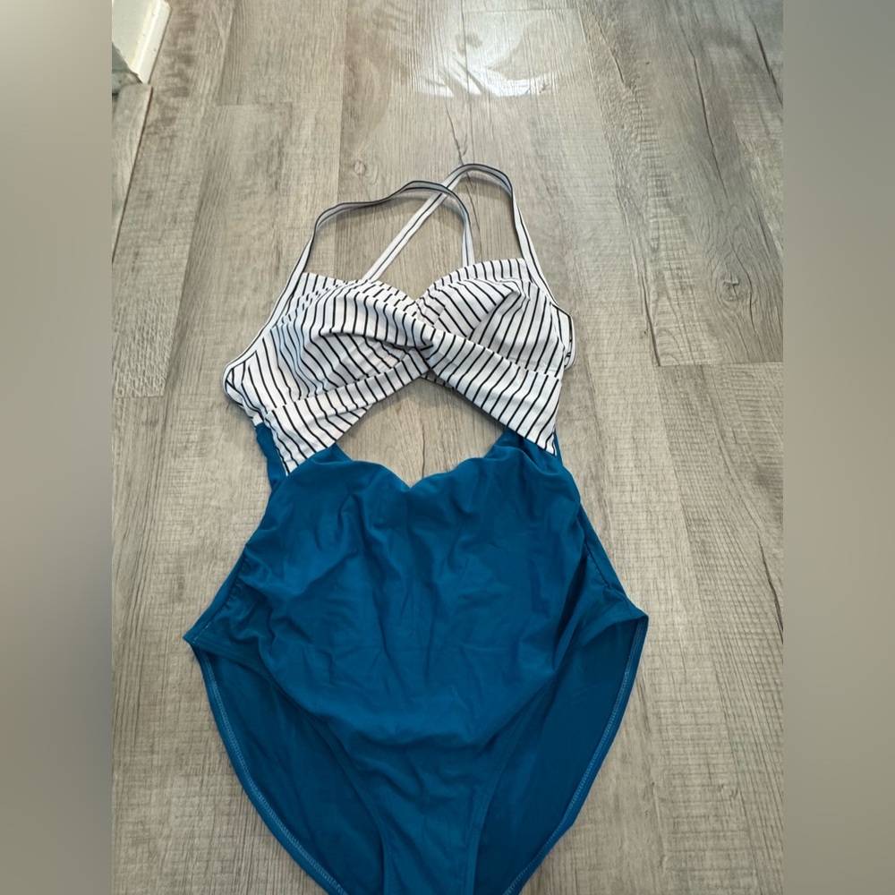 Elegant Teal and White Striped Women's One-Piece Swimsuit